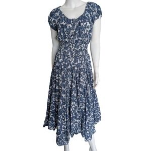 Milkmaid Smocked Maxi Dress XL Coquette Cottagecore Prairie Peasant Blue Floral